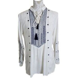 Indian Tropical Fashion boho white tunic top embroidery Tassels, Women's Small